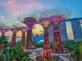 Futuristic buildings and colorful structures in a tree-lined park at sunset