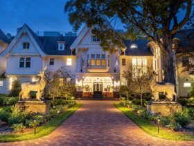 A nighttime view of The Mansion at The Inn at Stonecliffe