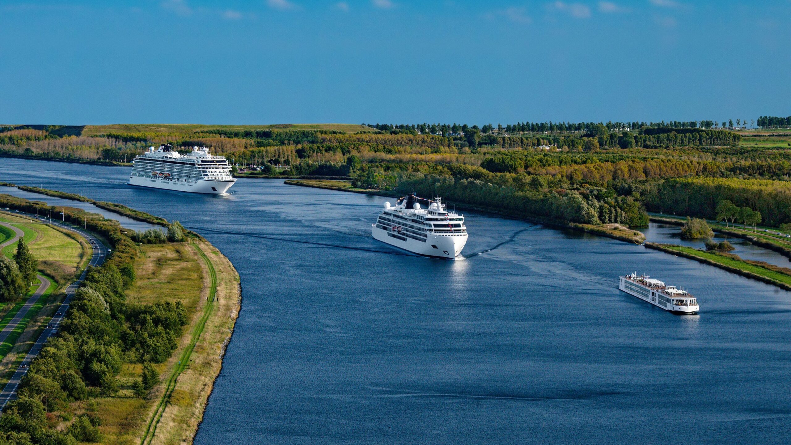 Viking Longship Mani, Expeditions ship Viking Polaris and Viking ocean ship Venus on the North Sea Canal, Amsterdam, Netherlands (Photo: Viking Cruises)