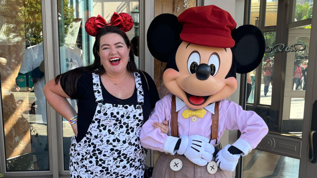 Megan duBois and Mickey Mouse at Disneyland