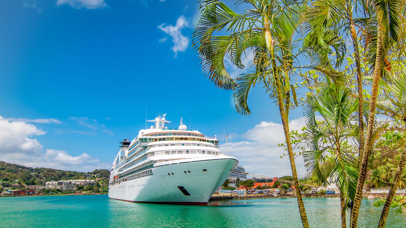 Cruise ship anchored in light turquoise water off the coast of a small Caribbean island with palm trees in the forefront