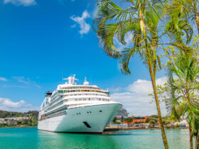 Cruise ship anchored in light turquoise water off the coast of a small Caribbean island with palm trees in the forefront