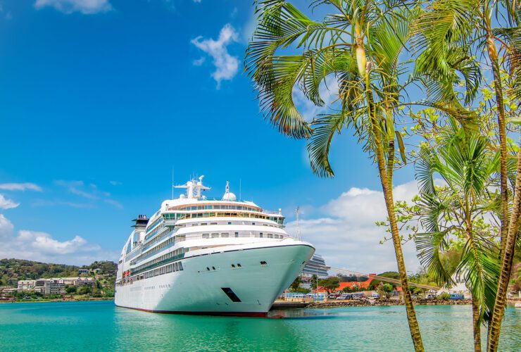 Cruise ship anchored in light turquoise water off the coast of a small Caribbean island with palm trees in the forefront