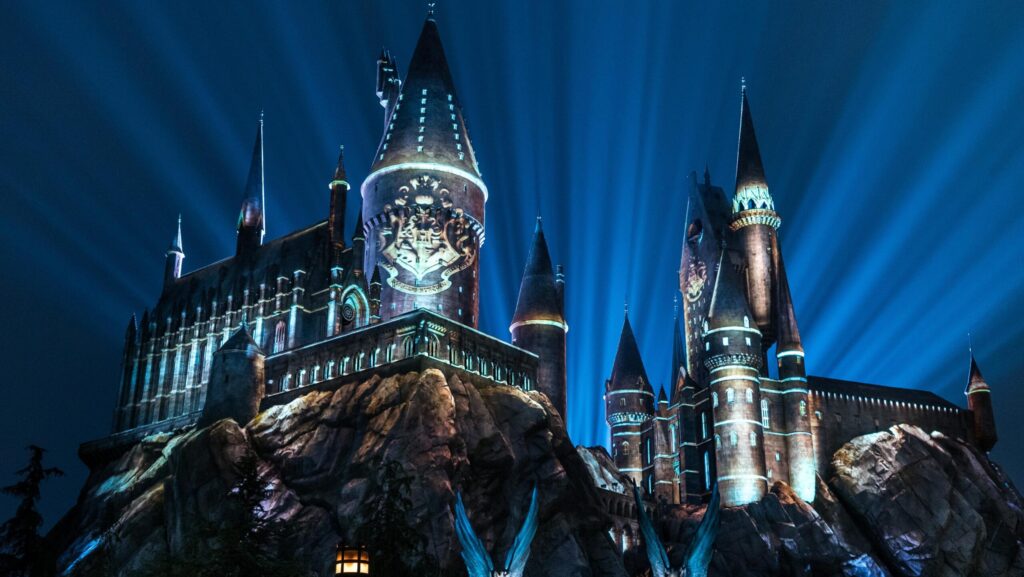 Nighttime projections on Hogwarts Castle