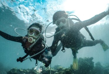 Underwater shot of two people diving