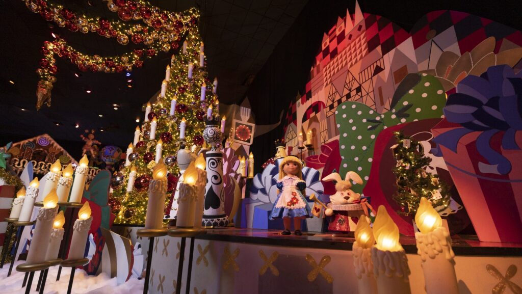 "it's a small world" gets a festive overlay during the holidays at Disneyland.