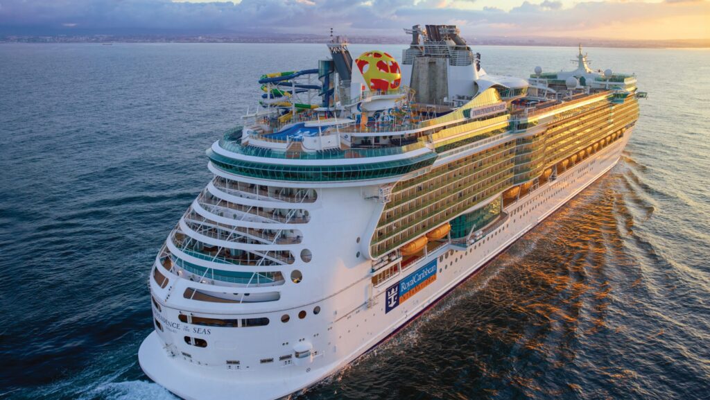 Cruise ship sailing into the sunset