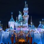 Sleeping Beauty Castle at night during the holidays at Disneyland