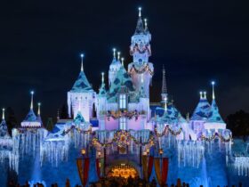 Sleeping Beauty Castle at night during the holidays at Disneyland