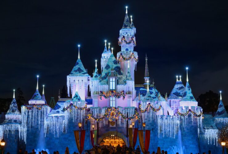 Sleeping Beauty Castle at night during the holidays at Disneyland