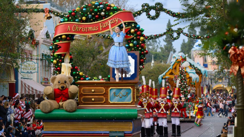 A Christmas Fantasy Parade at Disneyland during the holidays