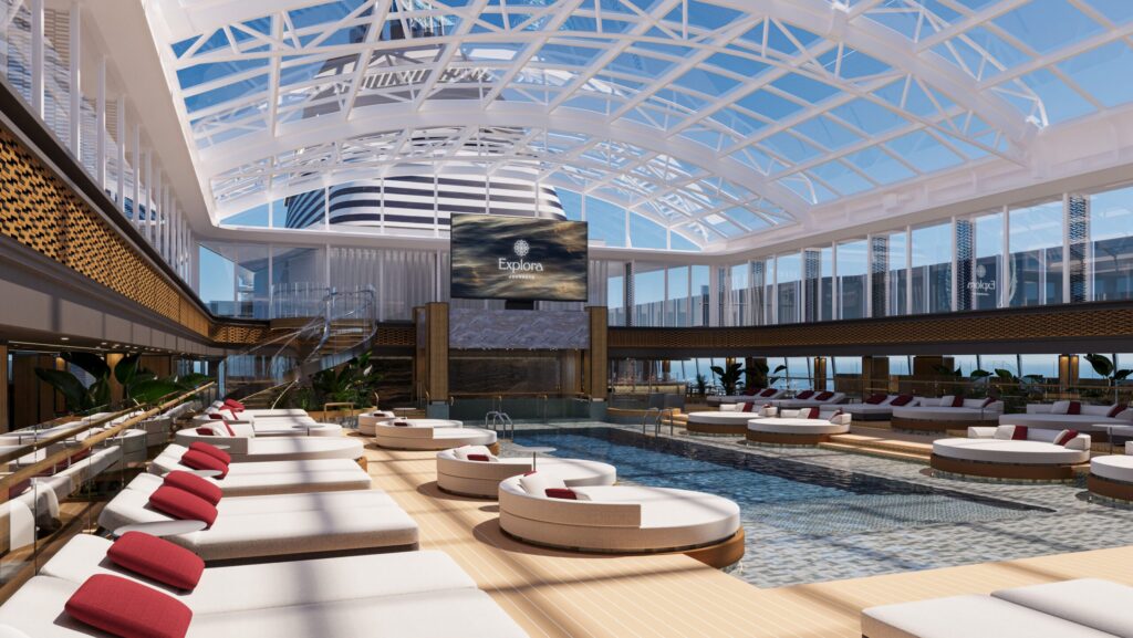 Cruise ship pool covered by a glass dome.