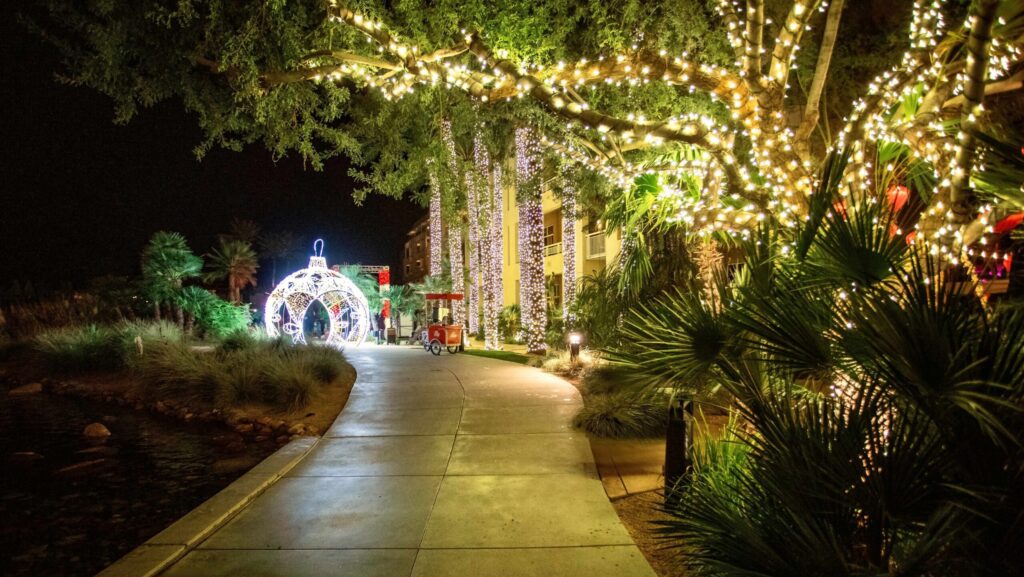 A path with lighted trees leading to lighted decorations at JW Marriott Phoenix Desert Ridge Resort & Spa