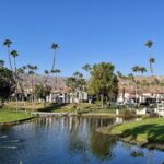 view of the golf course and fountain at Omni Rancho Las Palmas in Rancho Mirage