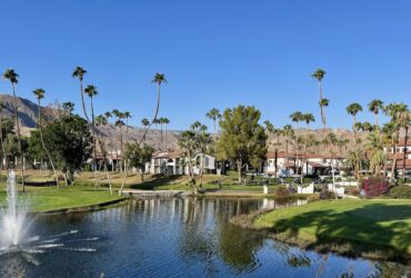 view of the golf course and fountain at Omni Rancho Las Palmas in Rancho Mirage