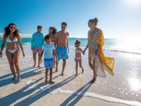 A multigenerational family walking on the beach at a Beaches Resorts property