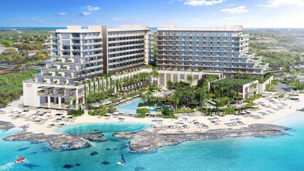 An aerial rendering of the beach area at Grand Hyatt Grand Cayman