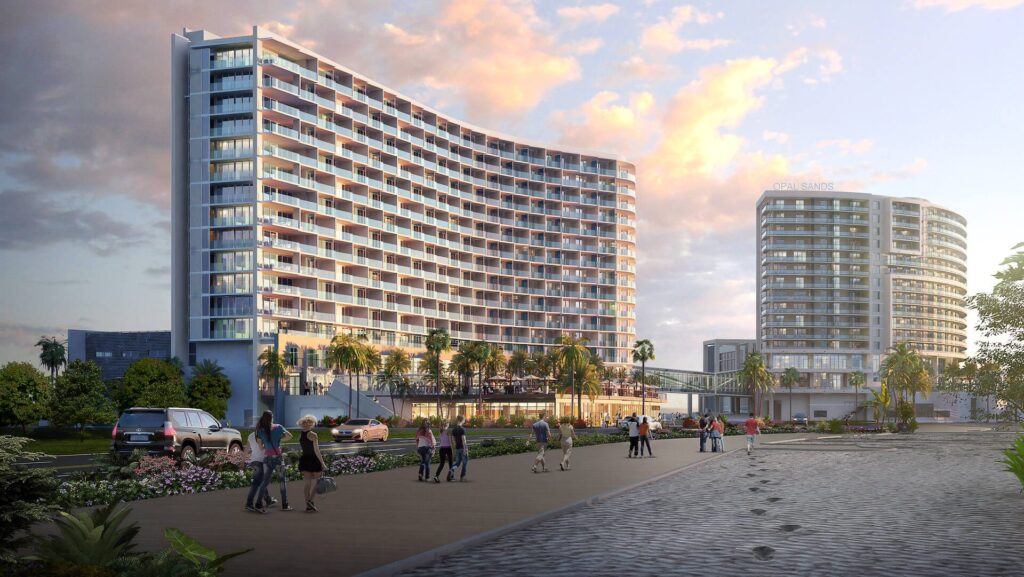 A rendering of Opal Sol next to Opal Sands on Clearwater Beach, Florida