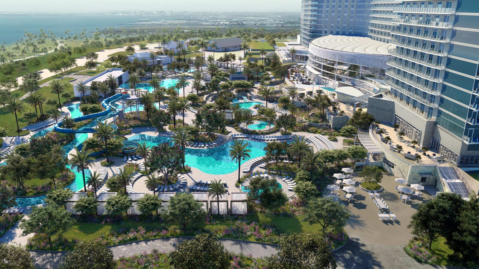 An aerial rendering of the pool and water park area at Gaylord Pacific Resort