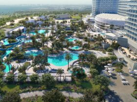 An aerial rendering of the pool and water park area at Gaylord Pacific Resort