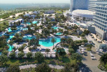 An aerial rendering of the pool and water park area at Gaylord Pacific Resort