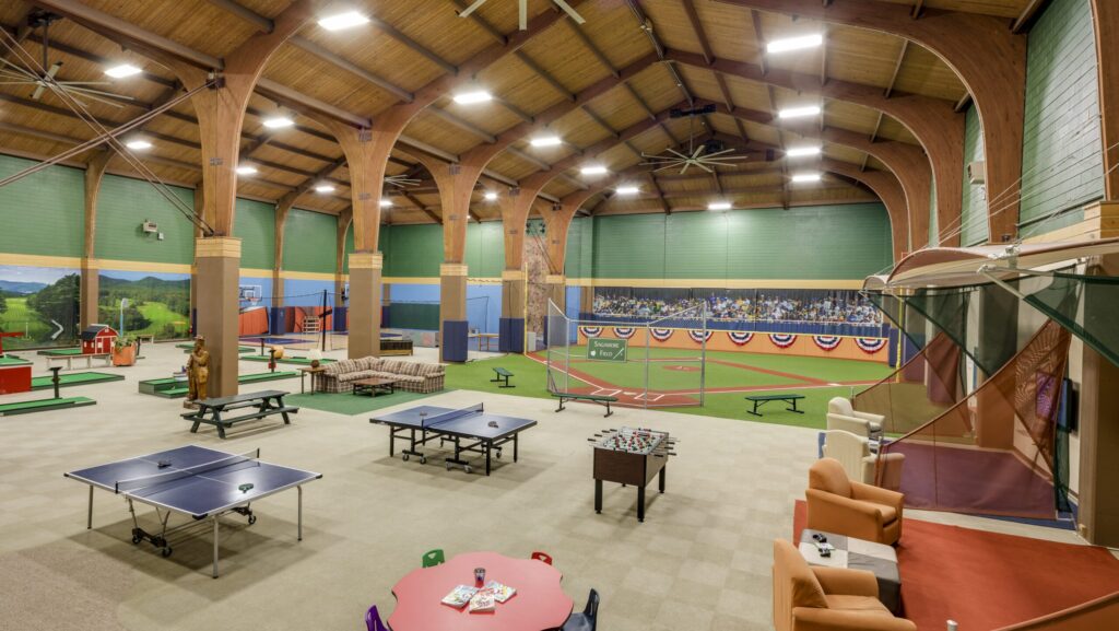 A view of the indoor Rec Center at The Sagamore Resort with sports and games areas