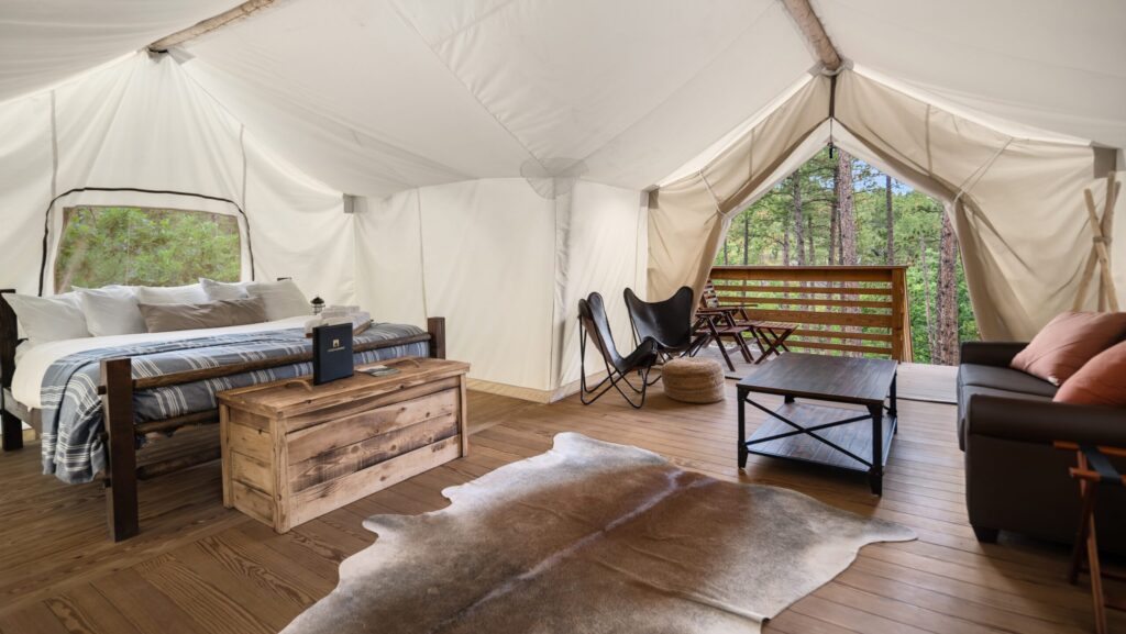 The interior of a glamping tent at Under Canvas Yosemite