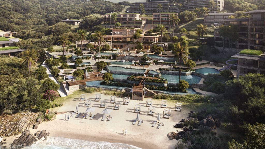 An aerial rendering of the beachfront at Waldorf Astoria Costa Rica Punta Cacique