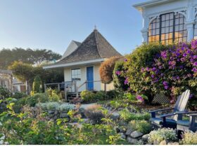 view of yard and building at MacCallum House in Mendocino, California