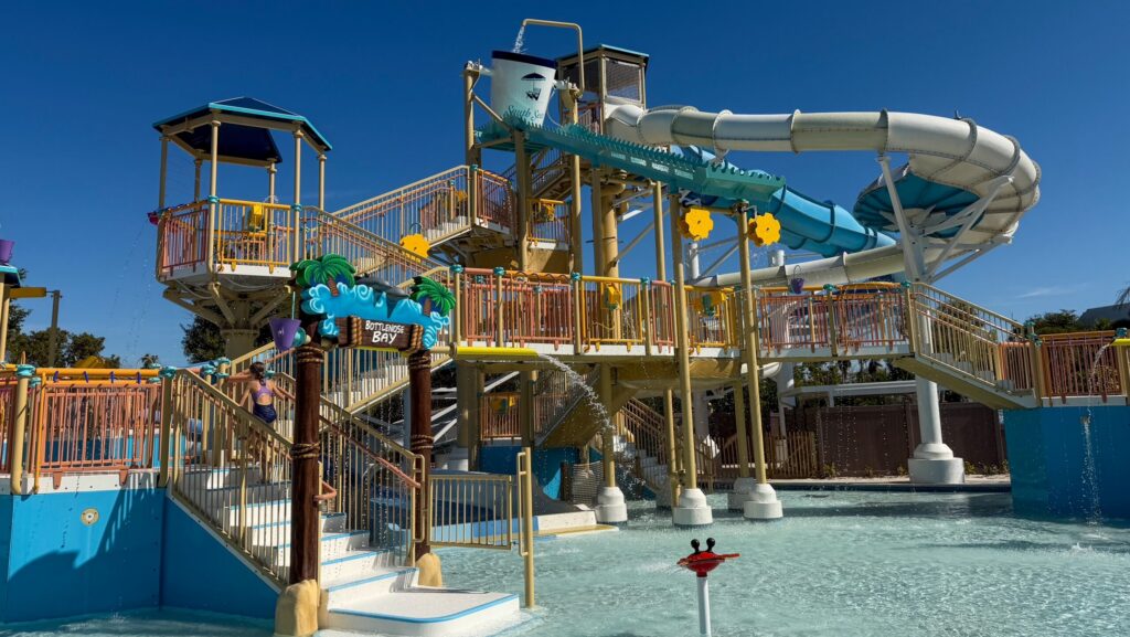 The waterslides and water play area at Captiva Landing at South Seas