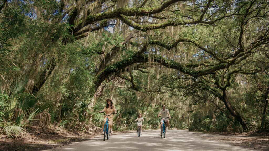 A family riding bikes under a canopy of trees by The Ritz Carlton, Amelia Island