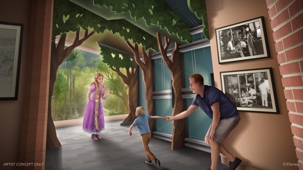 Artist rendering of a child meeting Rapunzel