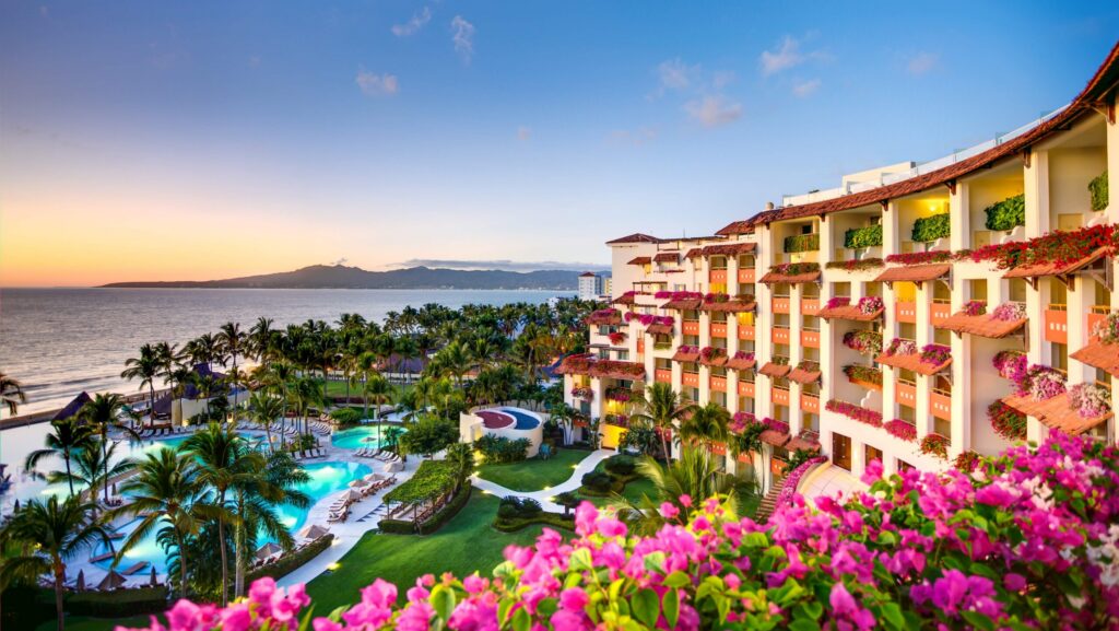 The exterior of the Grand Velas Riviera Nayarit looking down to the pool and beach area