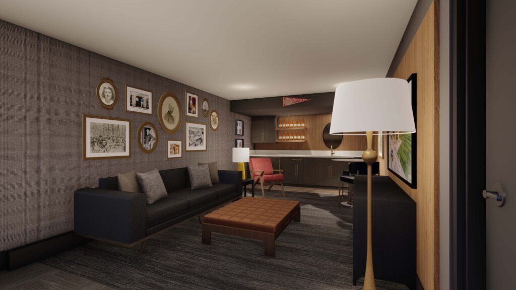 A rendering of a bourbon-themed suite at The Trail Hotel