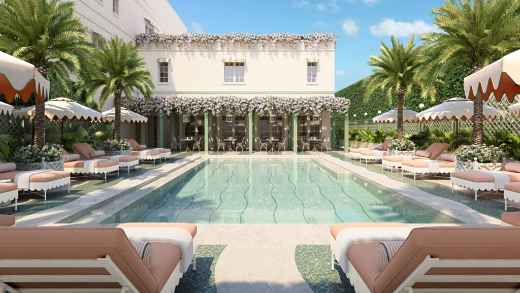 A rendering of a pool area with pink lounge chairs and umbrellas at The Vineta Hotel