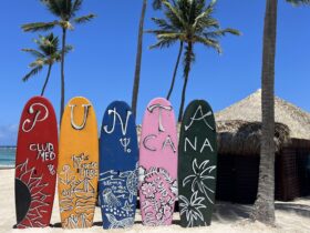 surfboards that say Club Med Punta Cana on the beach