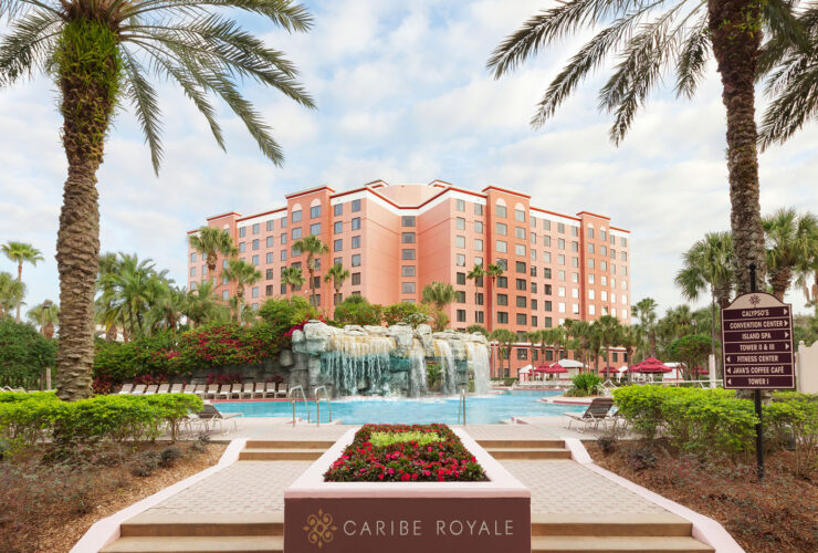 Pool with waterfall feature framed by two palm trees, and pink hotel towers in background