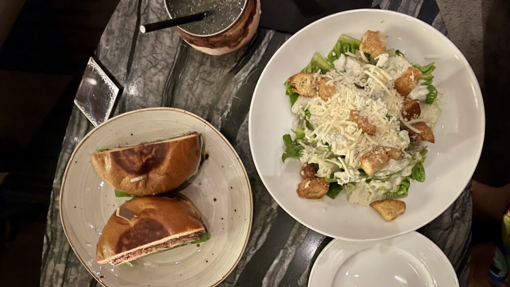 salad and burger at the Clift Hotel's Redwood Room