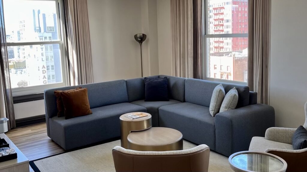 living room of one-bedroom suite at the Clift Royal Sonesta in San Francisco