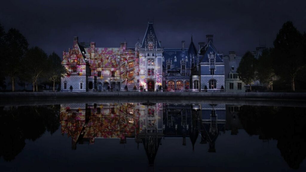 An image from the Lumiere nighttime display at the Biltmore Estate