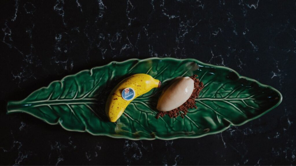 Dessert of bananas and gelato at Galaxia Skyfood in Savoy Palace