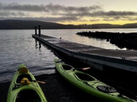 kayaks and Tomales Bay at dusk