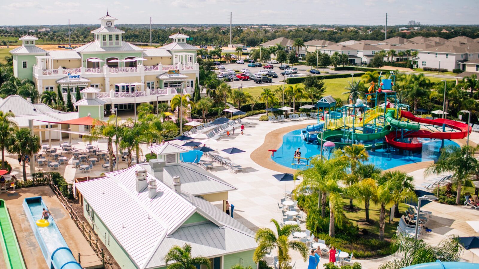 An aerial view of the water park and some of the residences at Encore Resort at Reunion
