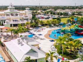 An aerial view of the water park and some of the residences at Encore Resort at Reunion