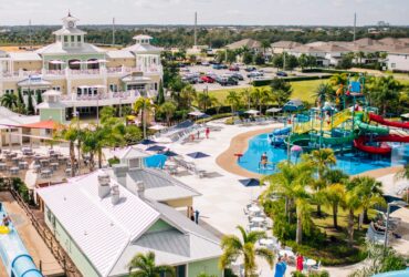 An aerial view of the water park and some of the residences at Encore Resort at Reunion