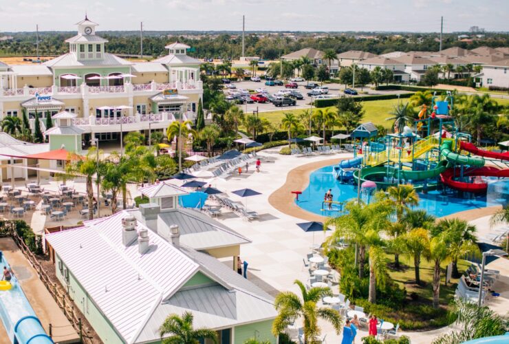 An aerial view of the water park and some of the residences at Encore Resort at Reunion