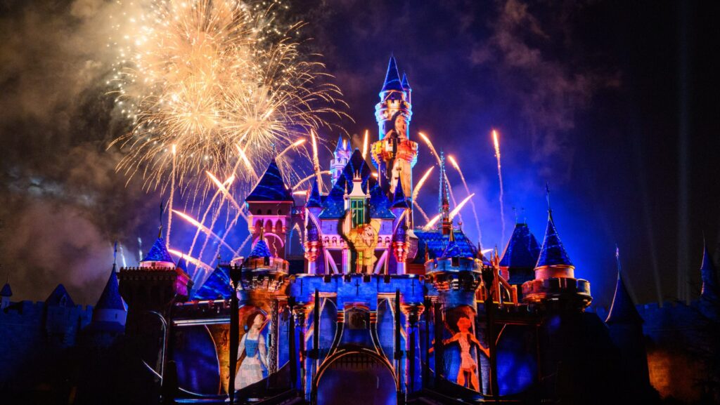 Fireworks at Disneyland Park over Sleeping Beauty Castle