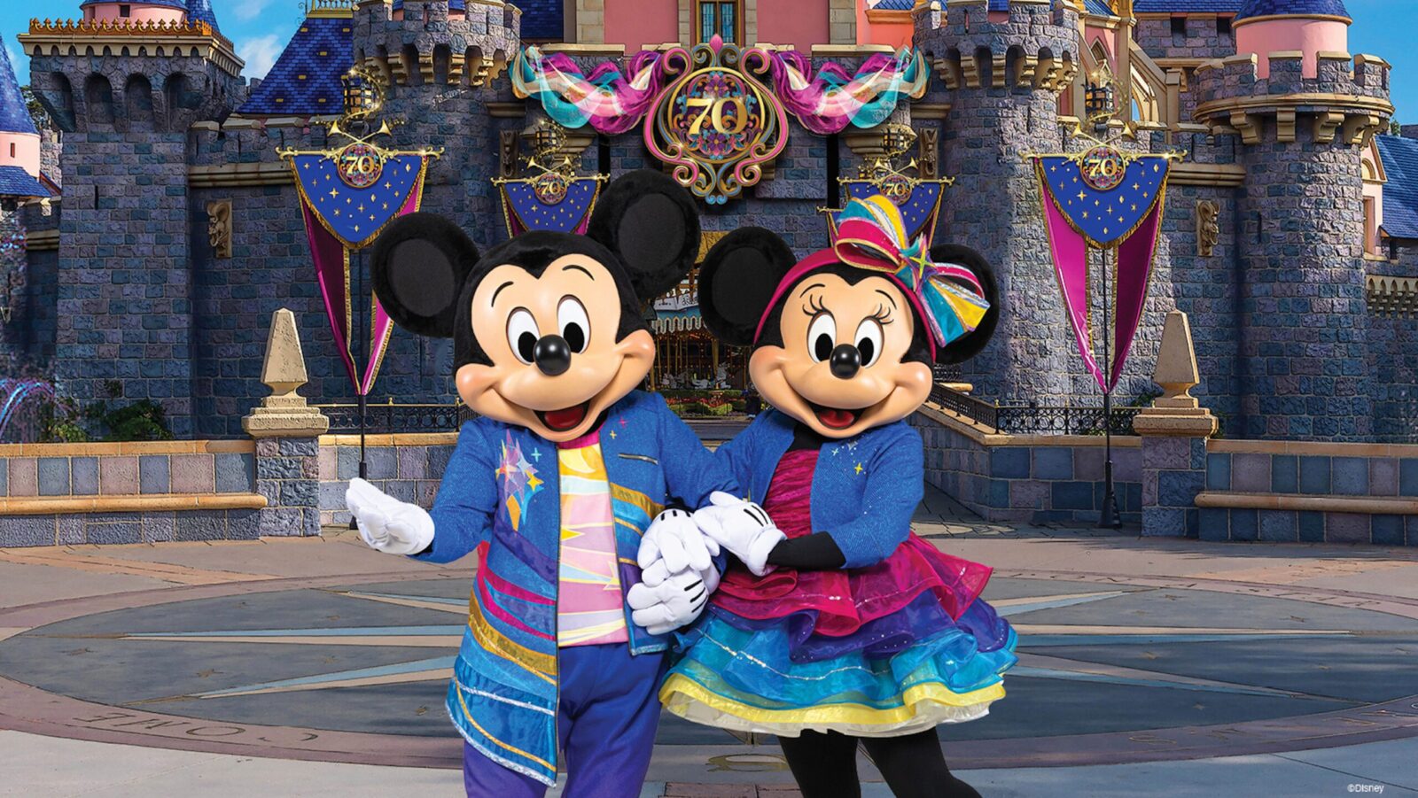 Mickey and Minnie Mouse in new costiumes for Disneyland's 70th anniversary