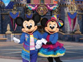 Mickey and Minnie Mouse in new costiumes for Disneyland's 70th anniversary