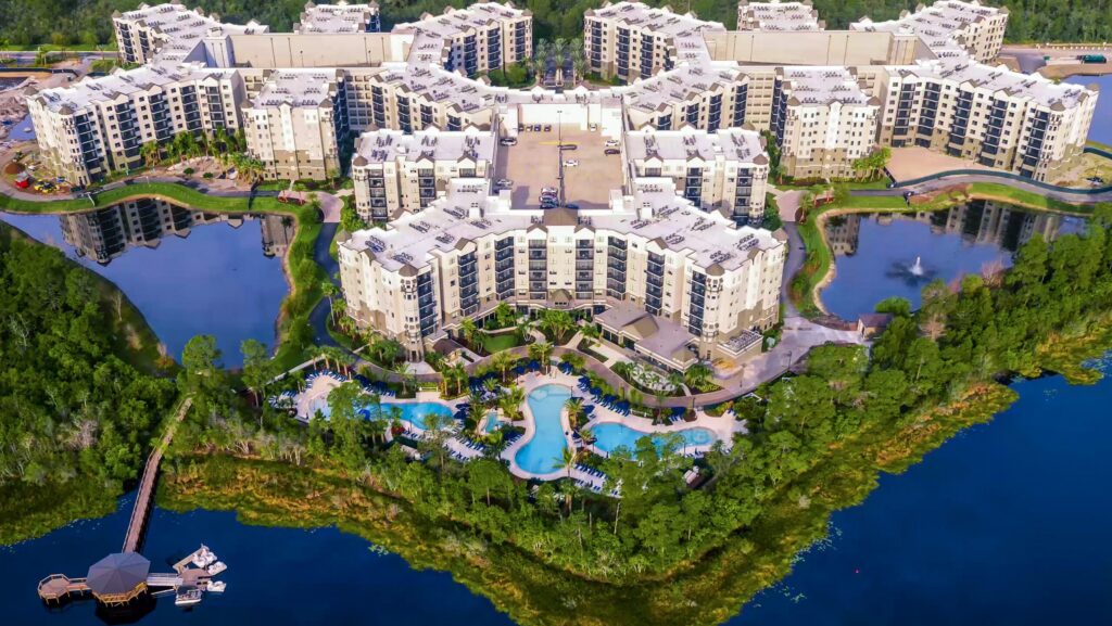 An aerial view of the vacation residences and pool area at The Grove Resort & Water Park Orlando